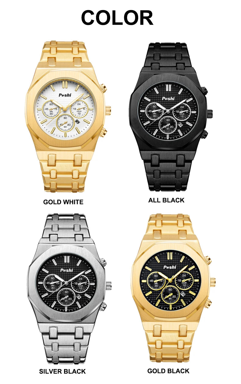 POSHI Luxury Quartz Watch Stainless Steel Business Men's Wristwatch with Date Chronograph Original Watches Male Clock Gift
