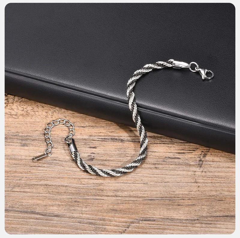 Vnox Silver Color Twisted Rope Chain Bracelets for Men Women, Unisex Black Beads Link Chain Braelet, Stitching 2 Tones Wristband