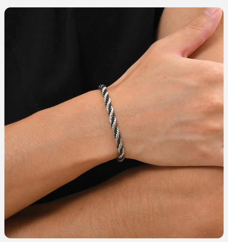 Vnox Silver Color Twisted Rope Chain Bracelets for Men Women, Unisex Black Beads Link Chain Braelet, Stitching 2 Tones Wristband