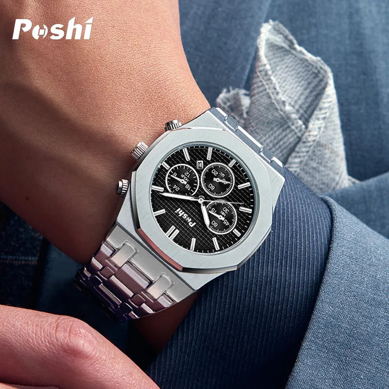 POSHI Luxury Quartz Watch Stainless Steel Business Men's Wristwatch with Date Chronograph Original Watches Male Clock Gift
