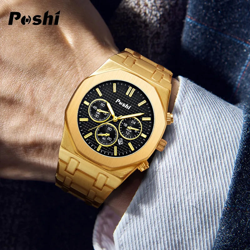 POSHI Luxury Quartz Watch Stainless Steel Business Men's Wristwatch with Date Chronograph Original Watches Male Clock Gift