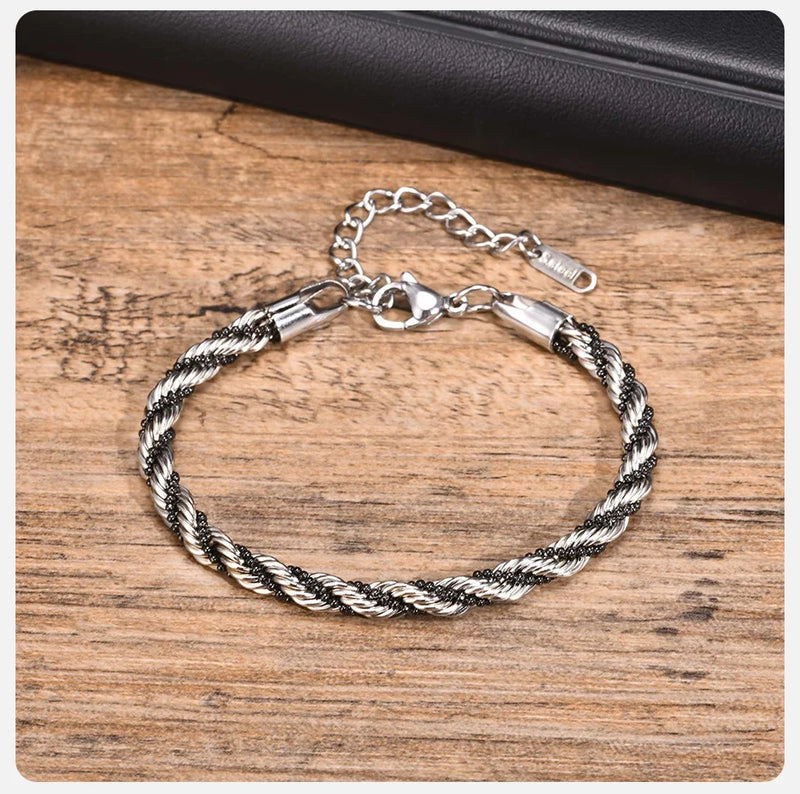 Vnox Silver Color Twisted Rope Chain Bracelets for Men Women, Unisex Black Beads Link Chain Braelet, Stitching 2 Tones Wristband