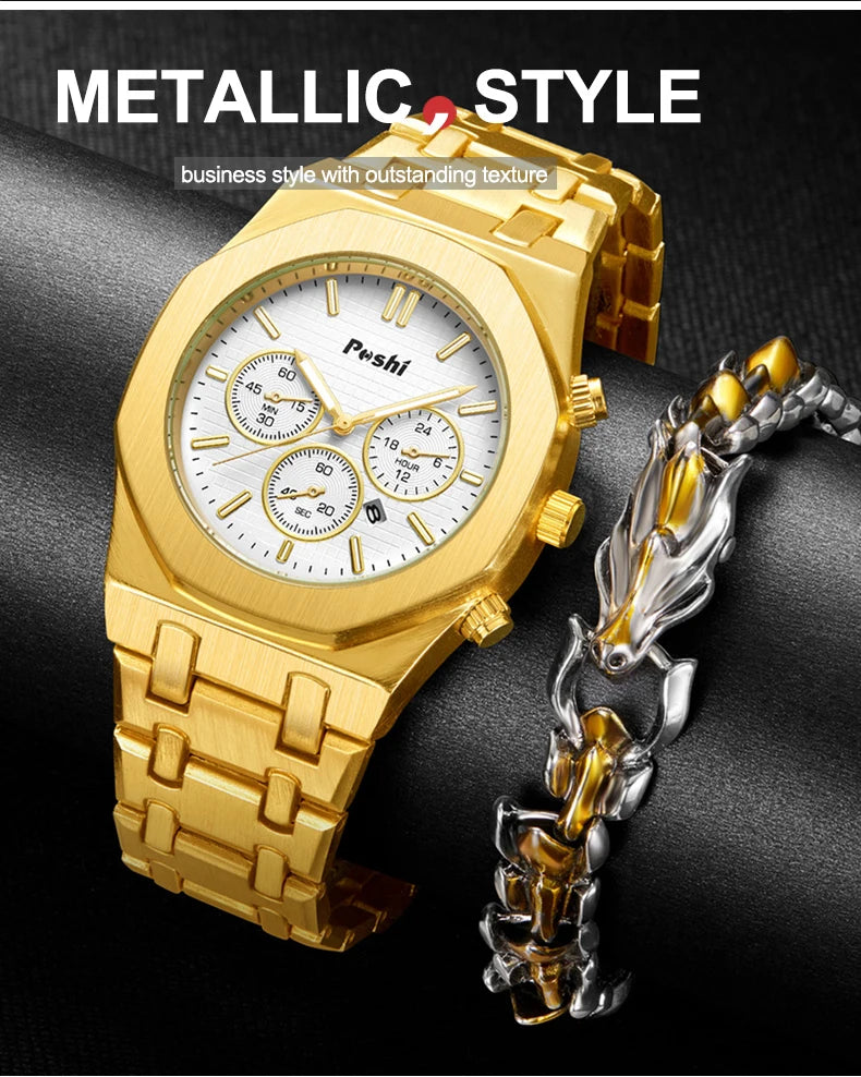 POSHI Luxury Quartz Watch Stainless Steel Business Men's Wristwatch with Date Chronograph Original Watches Male Clock Gift