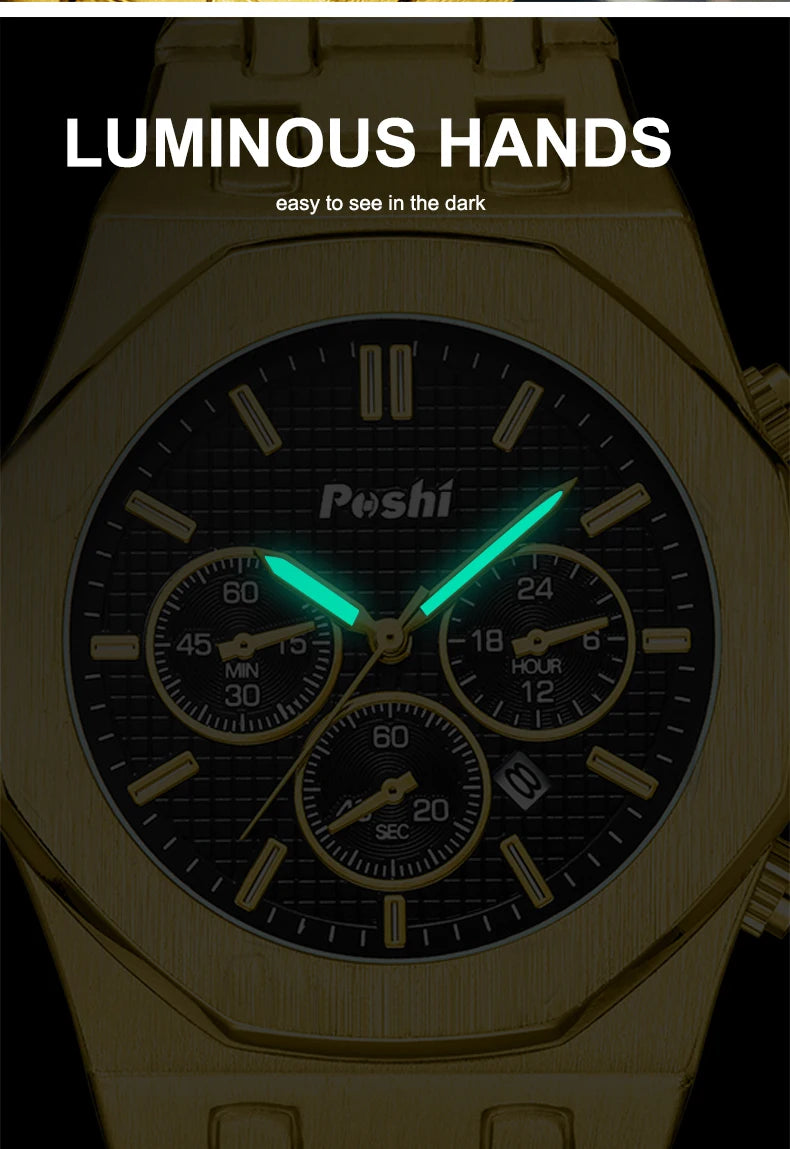 POSHI Luxury Quartz Watch Stainless Steel Business Men's Wristwatch with Date Chronograph Original Watches Male Clock Gift