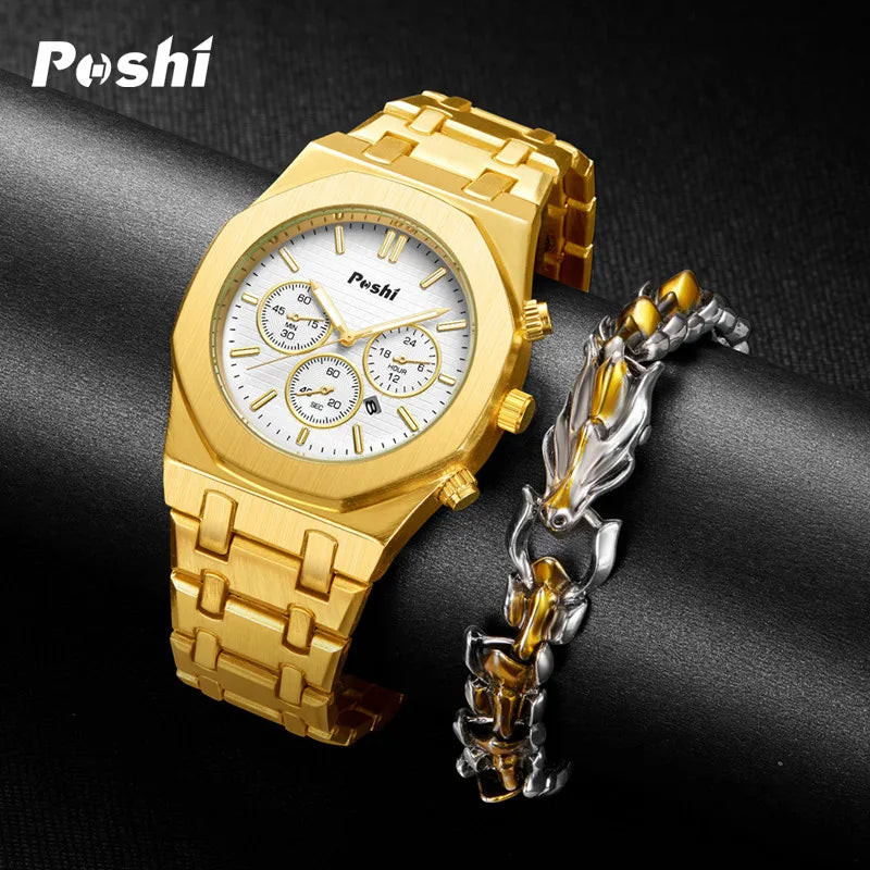 POSHI Luxury Quartz Watch Stainless Steel Business Men's Wristwatch with Date Chronograph Original Watches Male Clock Gift