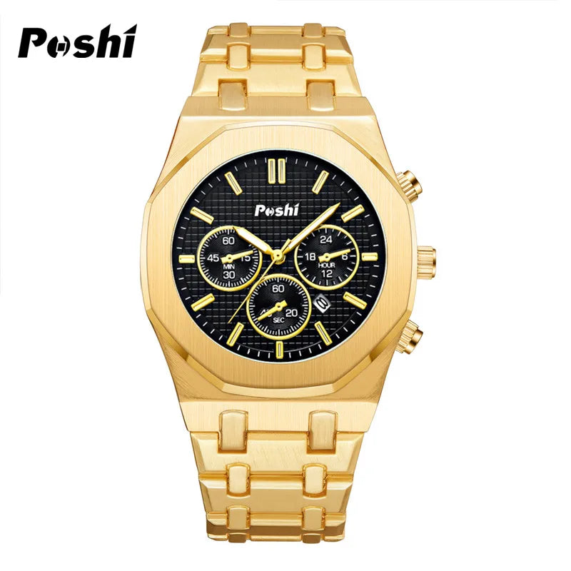 POSHI Luxury Quartz Watch Stainless Steel Business Men's Wristwatch with Date Chronograph Original Watches Male Clock Gift