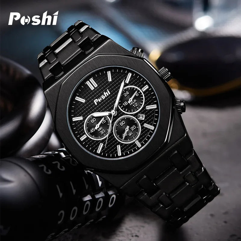 POSHI Luxury Quartz Watch Stainless Steel Business Men's Wristwatch with Date Chronograph Original Watches Male Clock Gift