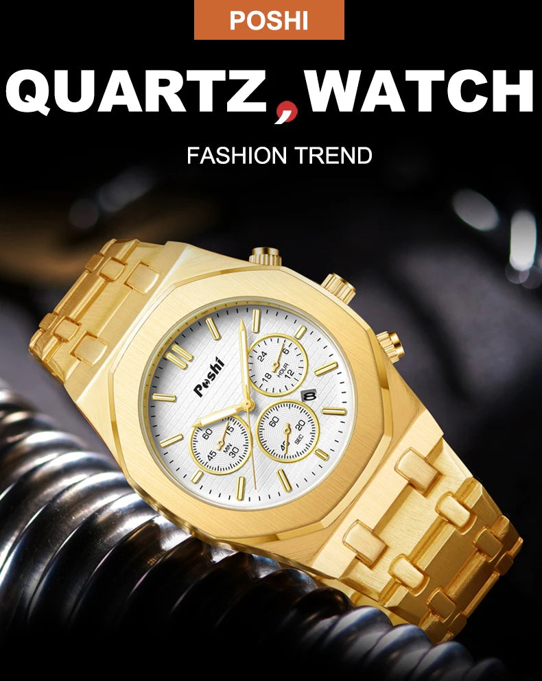 POSHI Luxury Quartz Watch Stainless Steel Business Men's Wristwatch with Date Chronograph Original Watches Male Clock Gift