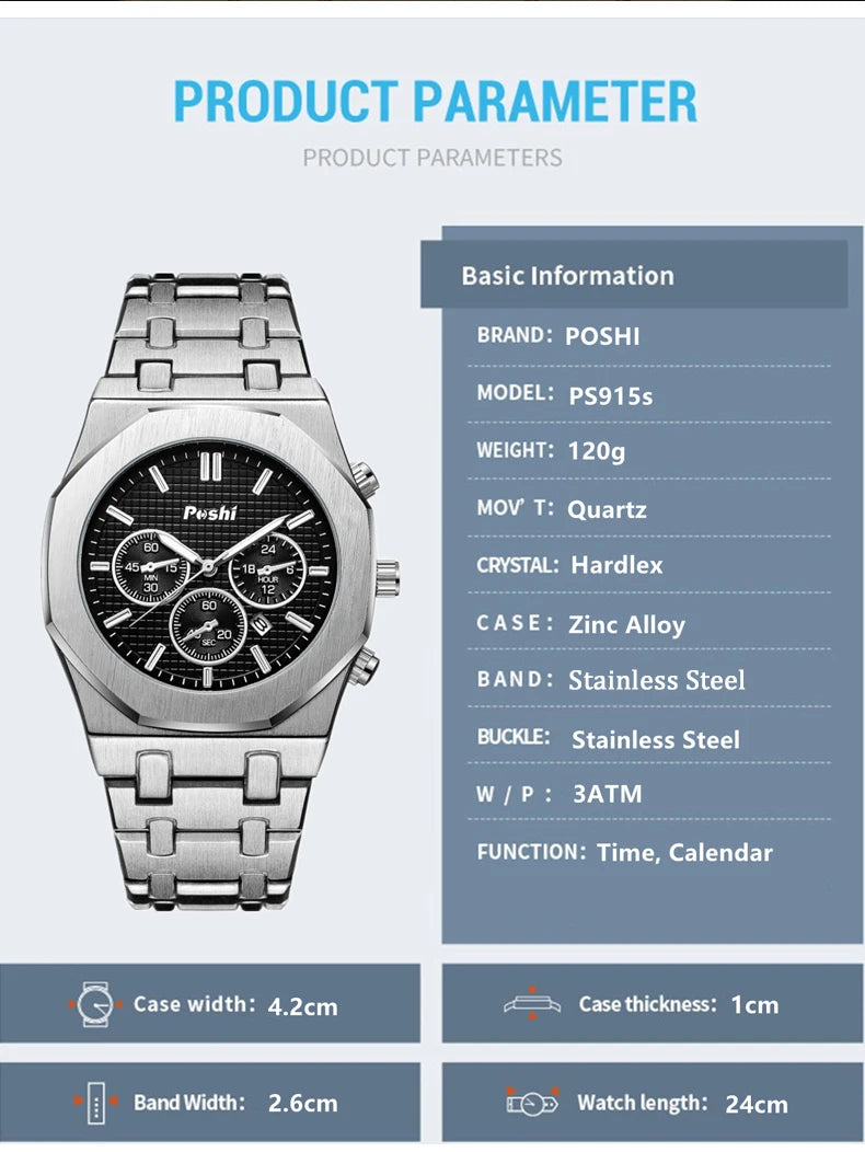 POSHI Luxury Quartz Watch Stainless Steel Business Men's Wristwatch with Date Chronograph Original Watches Male Clock Gift