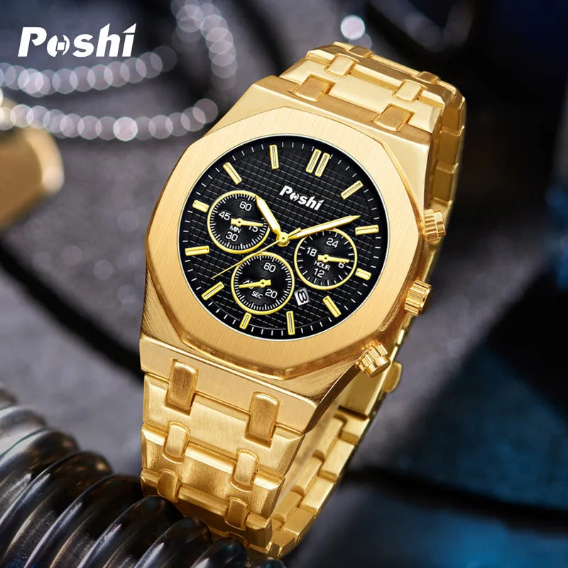 POSHI Luxury Quartz Watch Stainless Steel Business Men's Wristwatch with Date Chronograph Original Watches Male Clock Gift