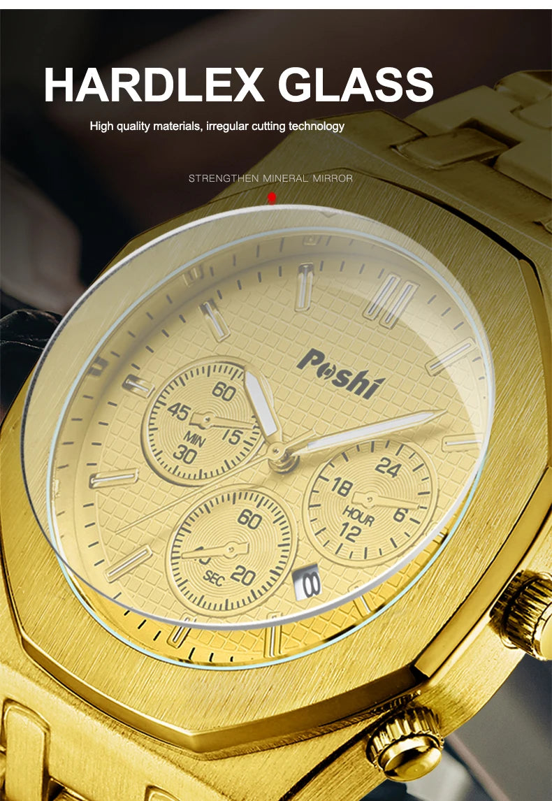 POSHI Luxury Quartz Watch Stainless Steel Business Men's Wristwatch with Date Chronograph Original Watches Male Clock Gift