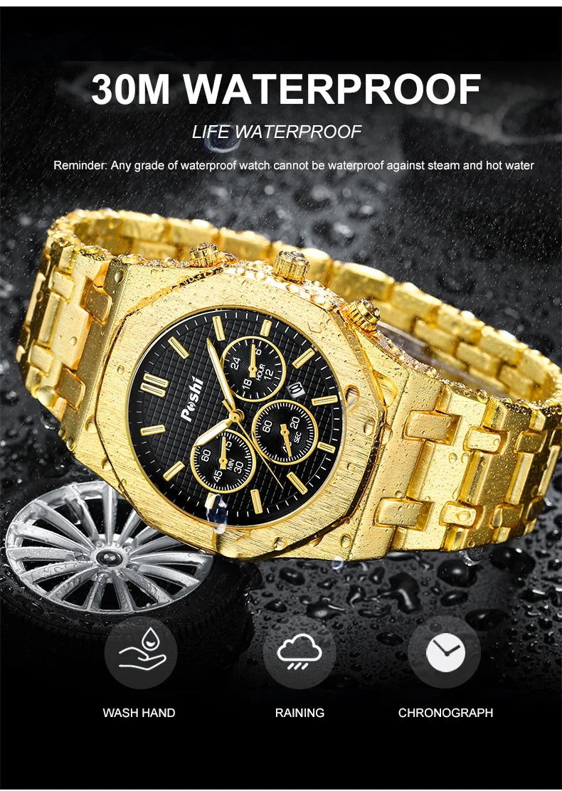 POSHI Luxury Quartz Watch Stainless Steel Business Men's Wristwatch with Date Chronograph Original Watches Male Clock Gift