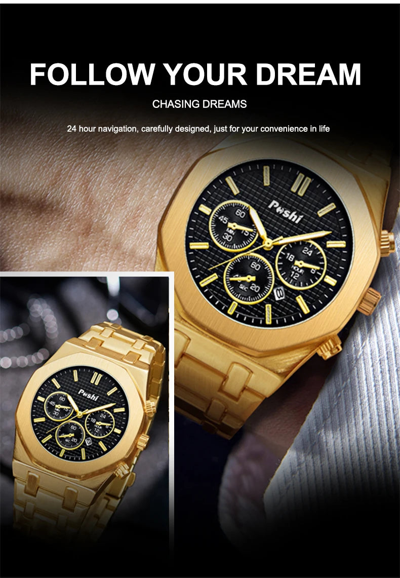 POSHI Luxury Quartz Watch Stainless Steel Business Men's Wristwatch with Date Chronograph Original Watches Male Clock Gift