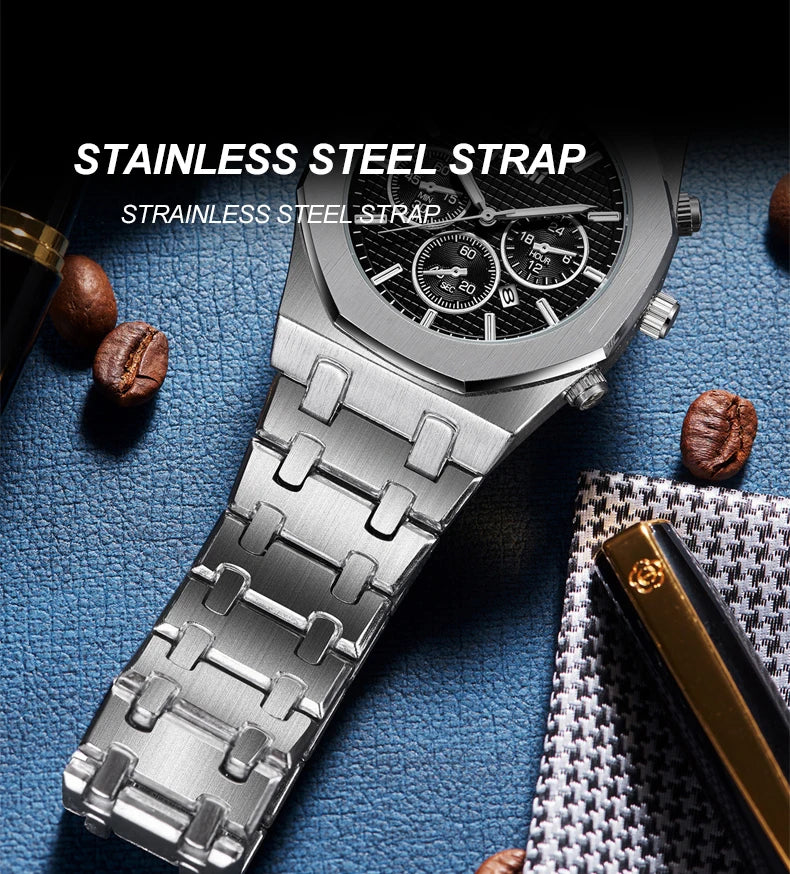 POSHI Luxury Quartz Watch Stainless Steel Business Men's Wristwatch with Date Chronograph Original Watches Male Clock Gift
