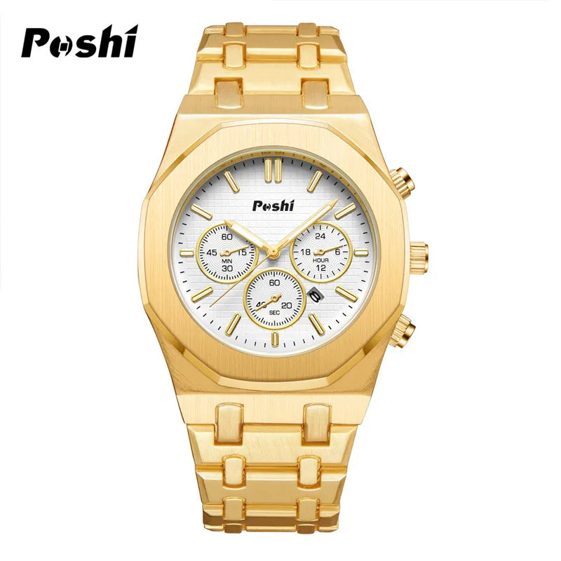 POSHI Luxury Quartz Watch Stainless Steel Business Men's Wristwatch with Date Chronograph Original Watches Male Clock Gift