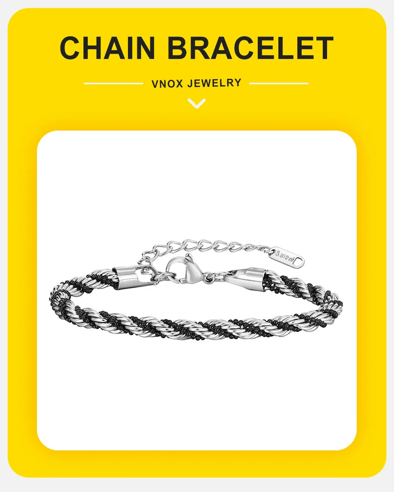Vnox Silver Color Twisted Rope Chain Bracelets for Men Women, Unisex Black Beads Link Chain Braelet, Stitching 2 Tones Wristband