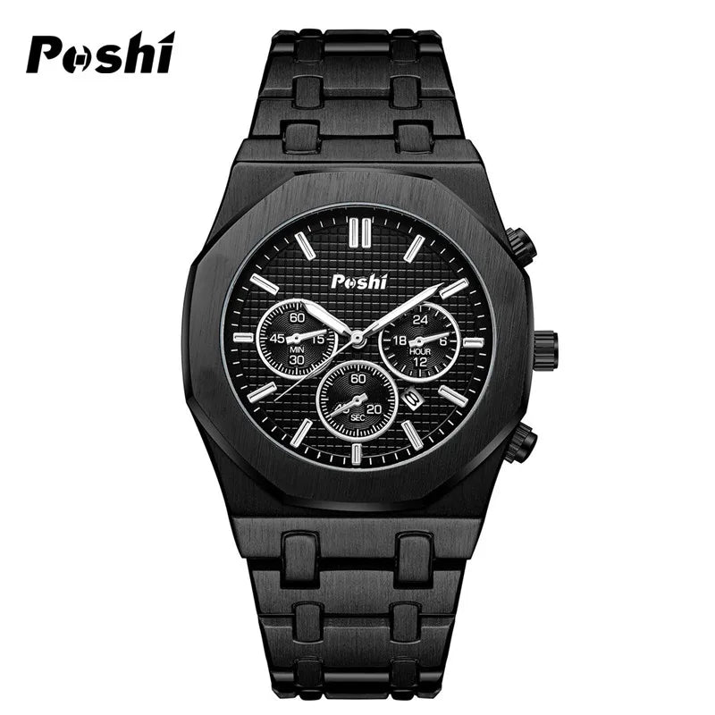 POSHI Luxury Quartz Watch Stainless Steel Business Men's Wristwatch with Date Chronograph Original Watches Male Clock Gift