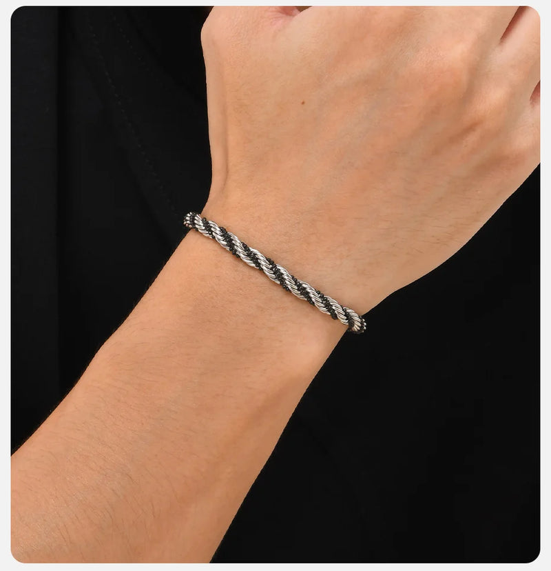 Vnox Silver Color Twisted Rope Chain Bracelets for Men Women, Unisex Black Beads Link Chain Braelet, Stitching 2 Tones Wristband